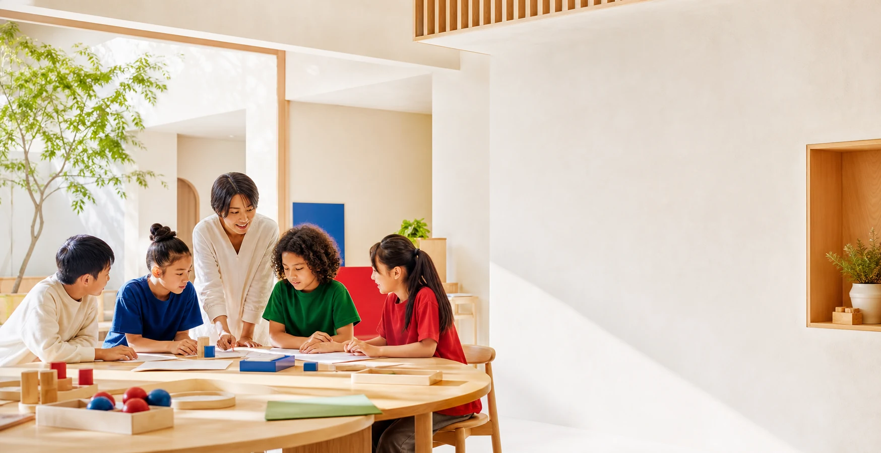 明るい学習空間で一緒に考える子どもたち