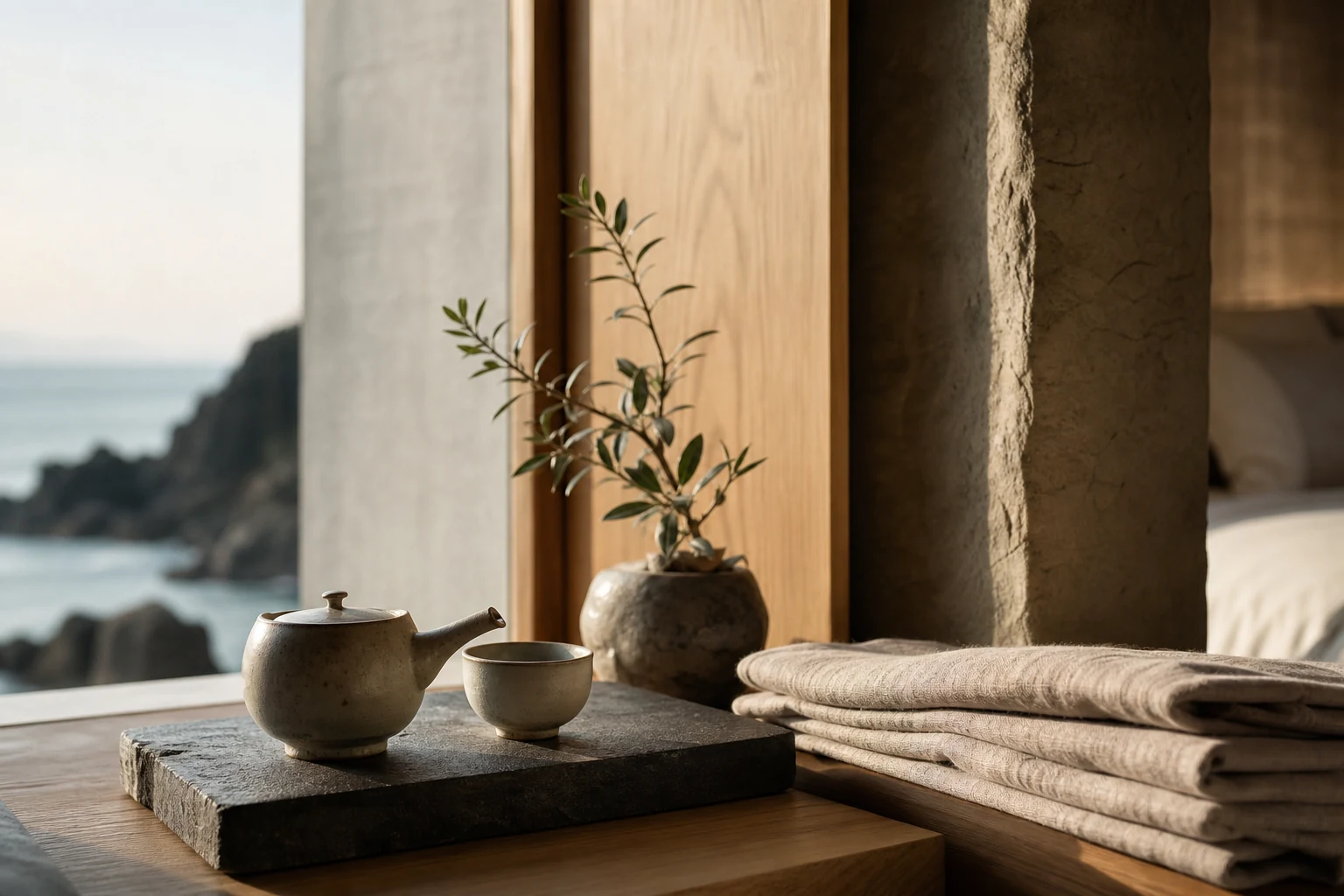 海を望む客室の茶器と自然素材