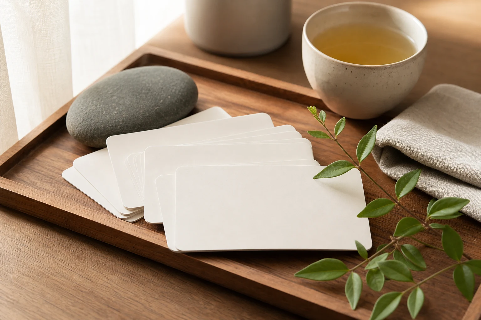 相談に使う白紙のカードと温かいお茶